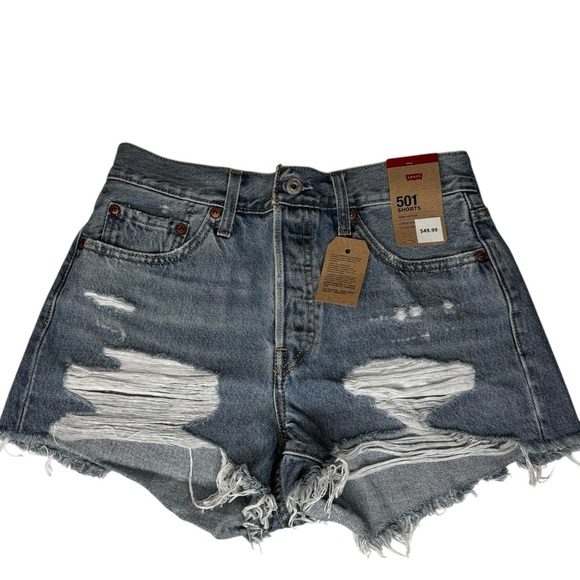 New Women’s Levi’s 501 Blue Denim Cutoff Shorts Distressed Button Fly  Size 28 - Picture 6 of 10